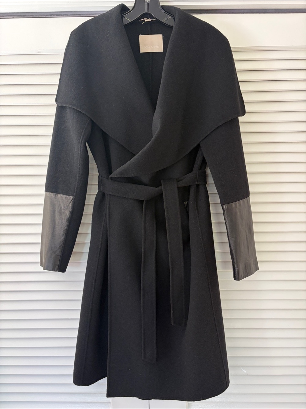 Soia & Kyo Black Wool Coat w/Leather Cuff Detail